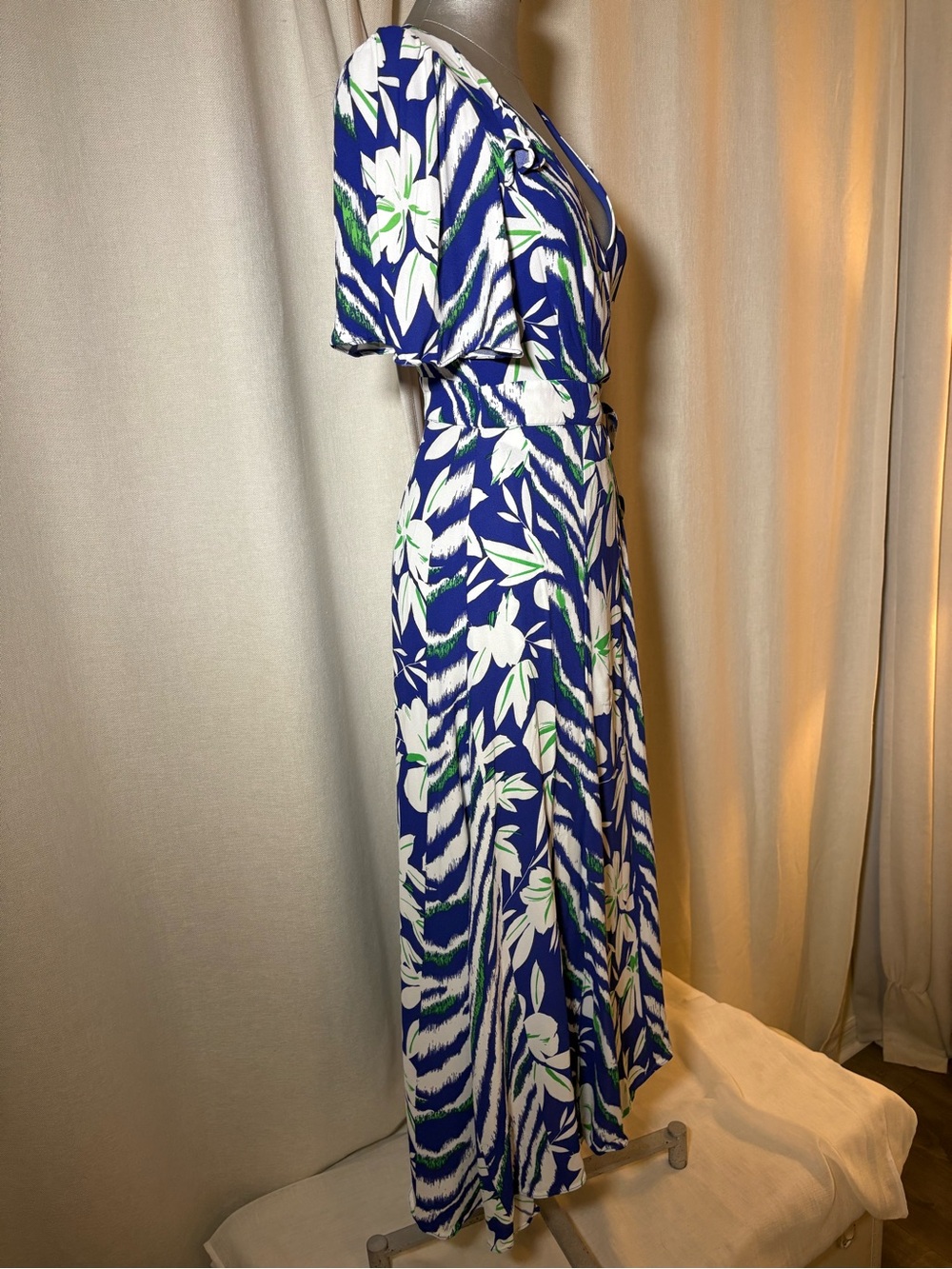 French Connection Cobalt Blue Floral Tropical Wrap Maxi Dress cape sleeves XS - Picture 8 of 14
